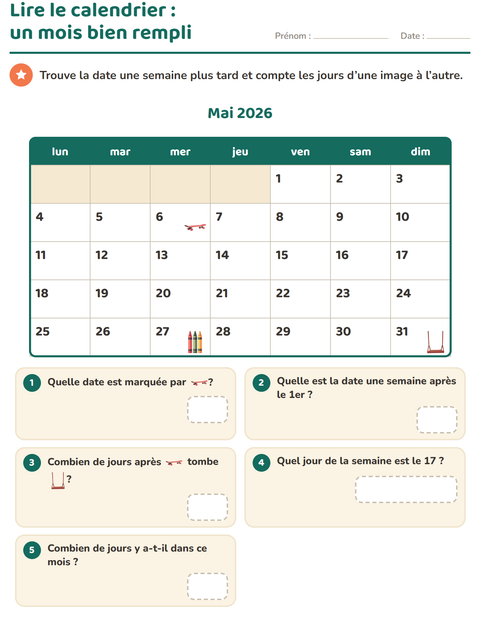 Aperçu de la fiche Lire le calendrier pour CE1 (cours élémentaire 1)