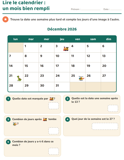Aperçu de la fiche Lire le calendrier pour CE1 (cours élémentaire 1)
