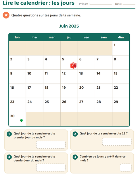 Aperçu de la fiche Lire le calendrier pour CE1 (cours élémentaire 1)