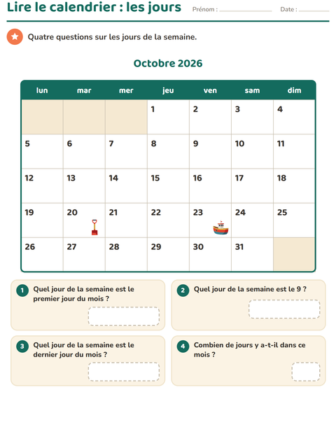 Aperçu de la fiche Lire le calendrier pour CE1 (cours élémentaire 1)