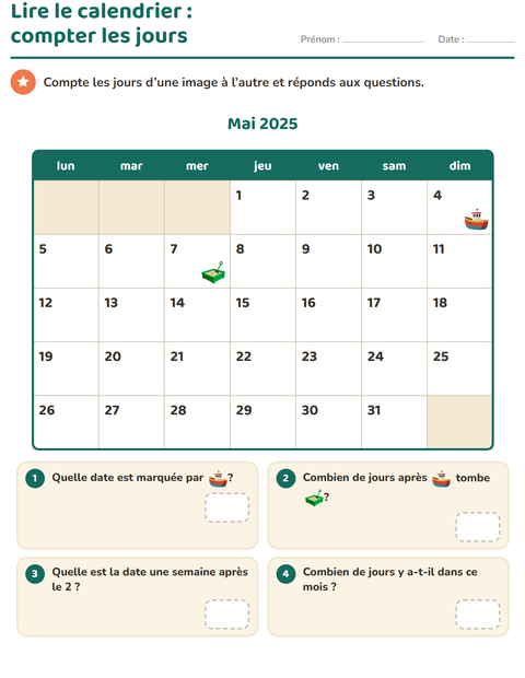 Aperçu de la fiche Lire le calendrier pour CE1 (cours élémentaire 1)
