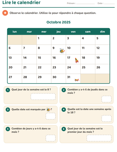 Aperçu de la fiche Lire le calendrier pour CE1 (cours élémentaire 1)