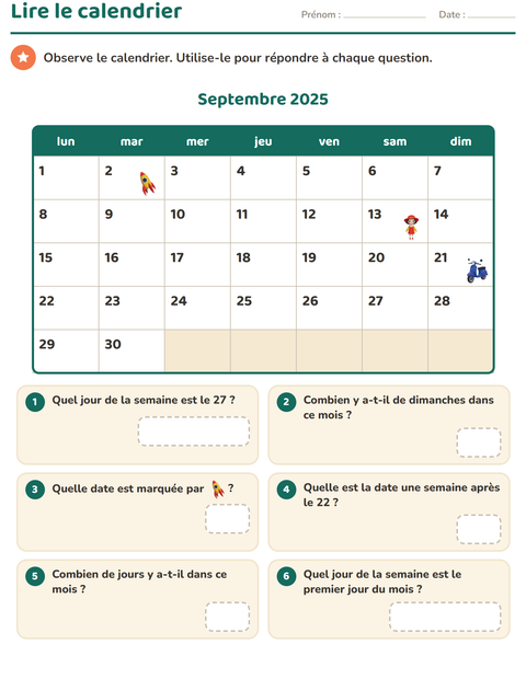 Aperçu de la fiche Lire le calendrier pour CE1 (cours élémentaire 1)