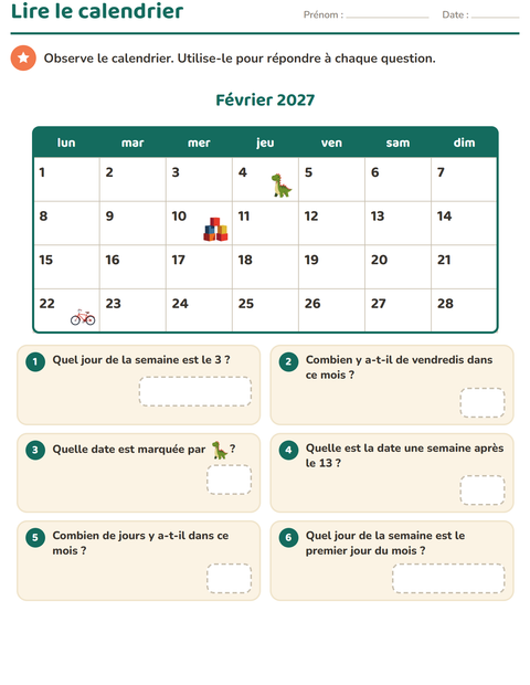 Aperçu de la fiche Lire le calendrier pour CE1 (cours élémentaire 1)