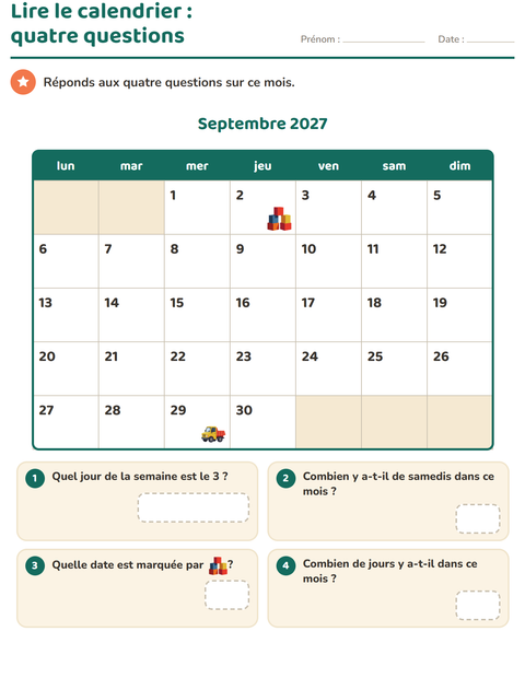 Aperçu de la fiche Lire le calendrier pour CE1 (cours élémentaire 1)