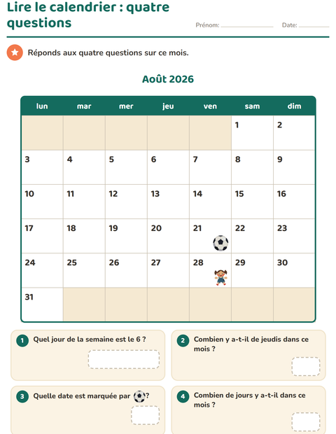 Lire le calendrier : quatre premières questions sur le mois