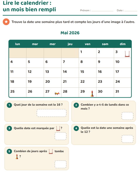 Aperçu de la fiche Lire le calendrier pour CE1 (cours élémentaire 1)