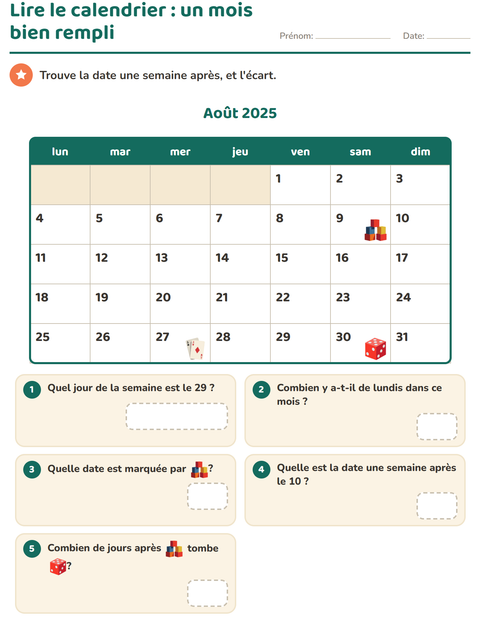 Lire le calendrier : une semaine plus tard, et les jours entre deux vignettes