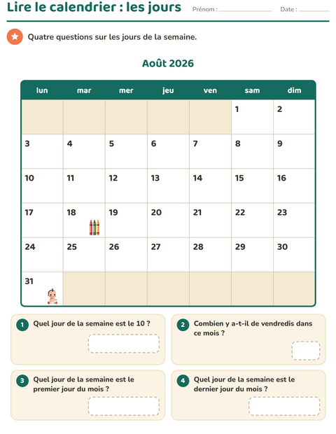 Aperçu de la fiche Lire le calendrier pour CE1 (cours élémentaire 1)