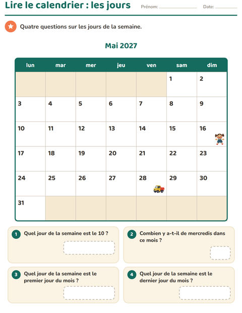 Aperçu : Lire le calendrier : les jours de la semaine, colonne par colonne