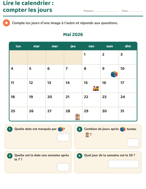 Aperçu de la fiche Lire le calendrier pour CE1 (cours élémentaire 1)