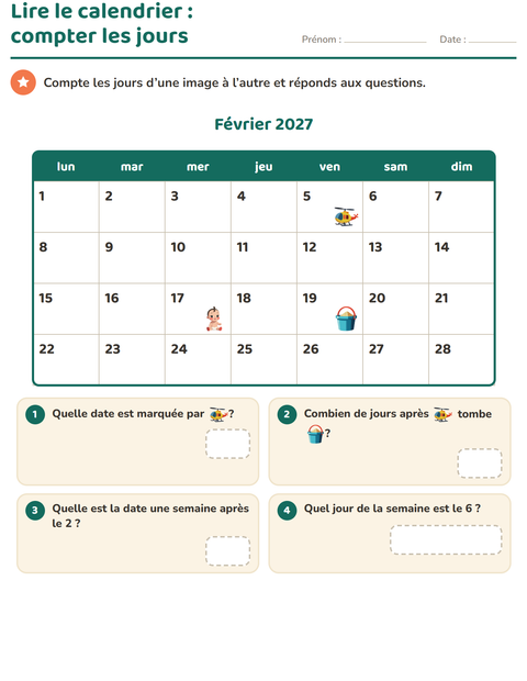 Aperçu de la fiche Lire le calendrier pour CE1 (cours élémentaire 1)