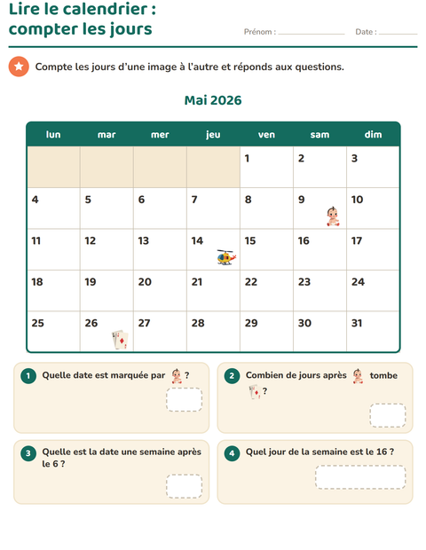 Aperçu de la fiche Lire le calendrier pour CE1 (cours élémentaire 1)