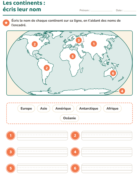 Les continents : écris leur nom