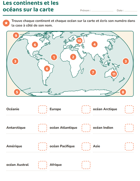 Les continents et les océans sur la carte