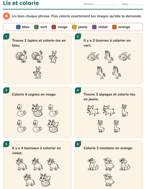 Aperçu de la fiche Lis et colorie avec Animaux de la ferme NB pour CP (cours préparatoire)