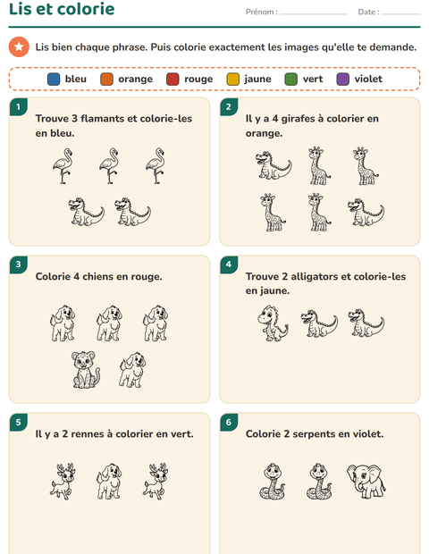 Aperçu de la fiche Lis et colorie avec Animaux du zoo NB pour CP (cours préparatoire)