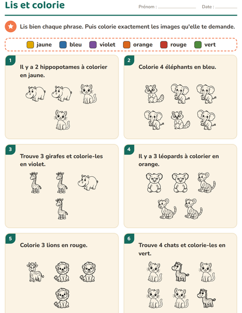 Aperçu de la fiche Lis et colorie avec Animaux NB 2 pour CP (cours préparatoire)