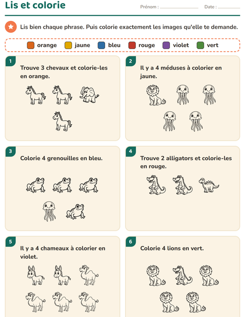 Aperçu de la fiche Lis et colorie avec Animaux NB 3 pour CP (cours préparatoire)