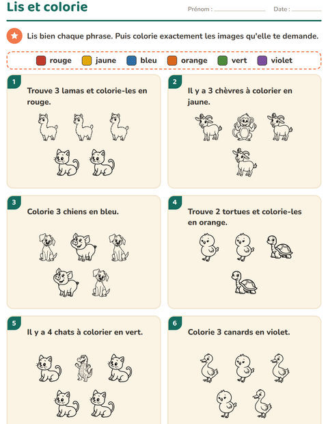 Aperçu de la fiche Lis et colorie avec Animaux NB 4 pour CP (cours préparatoire)