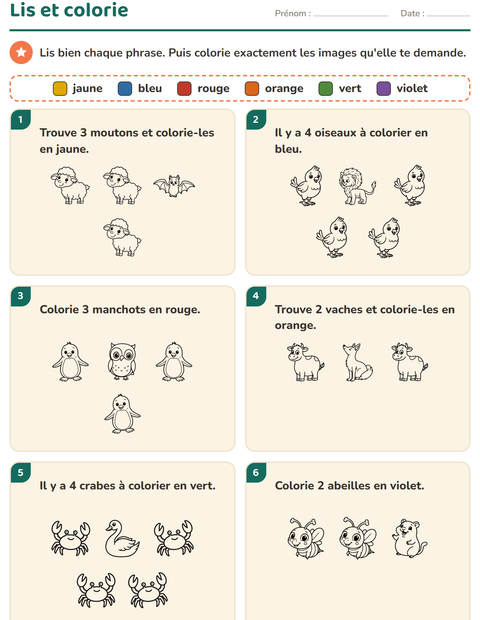 Aperçu de la fiche Lis et colorie avec Animaux NB 5 pour CP (cours préparatoire)