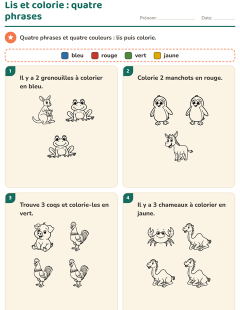 Lis et colorie : quatre phrases, quatre couleurs, un intrus par carte