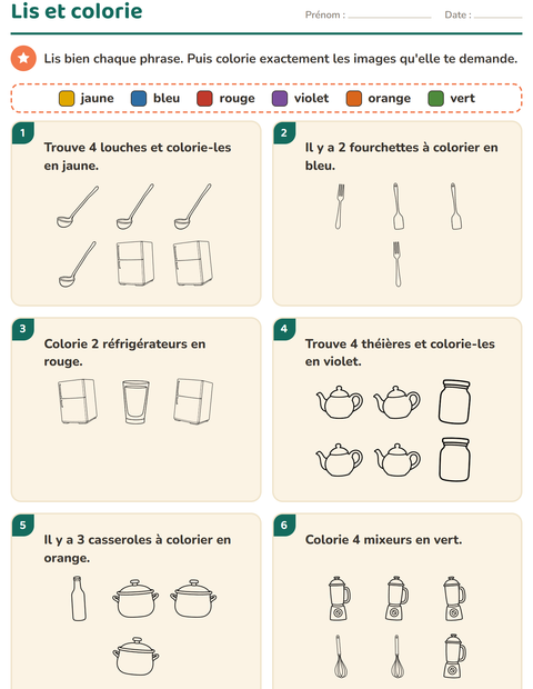 Aperçu de la fiche Lis et colorie avec Cuisine NB pour CP (cours préparatoire)