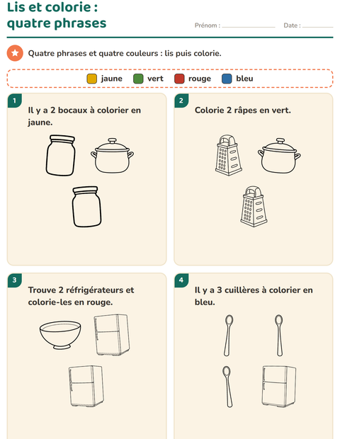 Aperçu de la fiche Lis et colorie avec Cuisine NB pour CP (cours préparatoire)