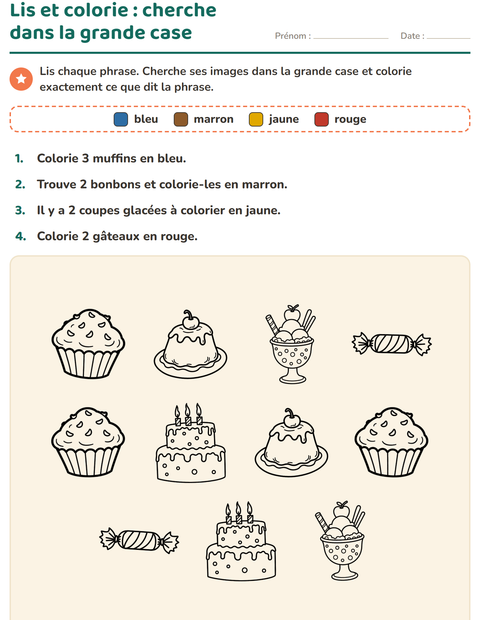 Aperçu de la fiche Lis et colorie avec Dessert (N&B) pour CP (cours préparatoire)