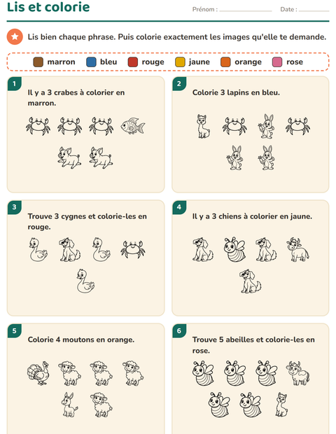 Aperçu de la fiche Lis et colorie avec Animaux de la ferme NB pour CP (cours préparatoire)