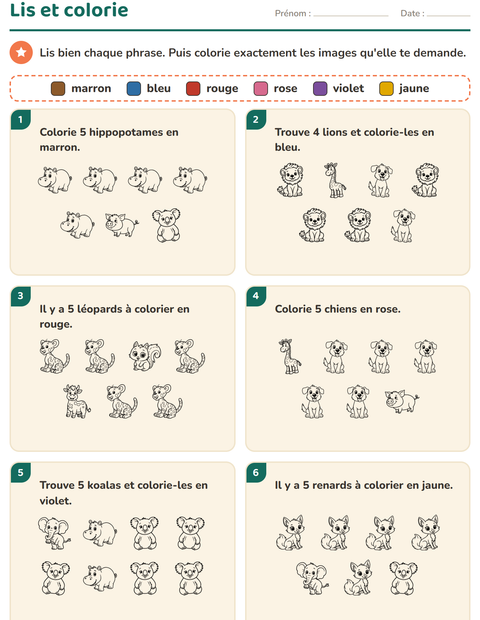 Aperçu de la fiche Lis et colorie avec Animaux NB 2 pour CP (cours préparatoire)
