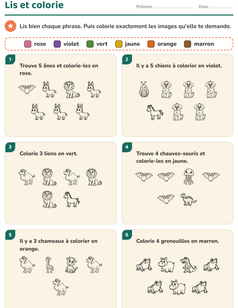 Aperçu de la fiche Lis et colorie avec Animaux NB 3 pour CP (cours préparatoire)