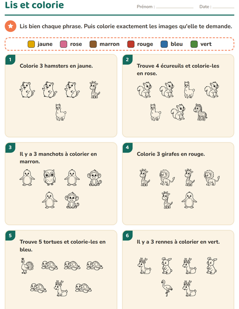 Aperçu de la fiche Lis et colorie avec Animaux NB 5 pour CP (cours préparatoire)