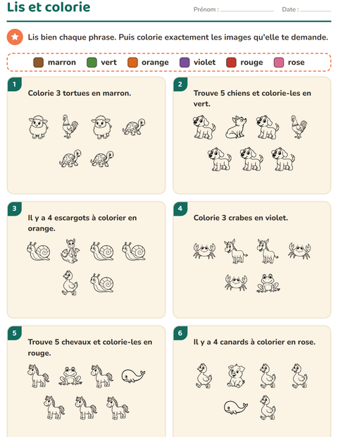 Aperçu de la fiche Lis et colorie avec Animaux NB pour CP (cours préparatoire)