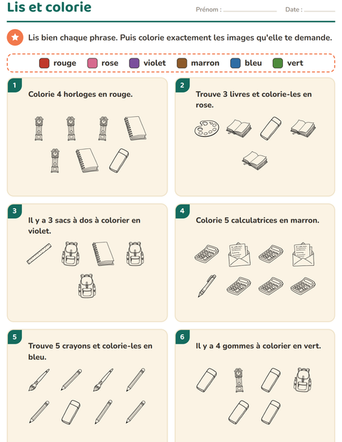 Aperçu de la fiche Lis et colorie avec Éducation NB pour CP (cours préparatoire)