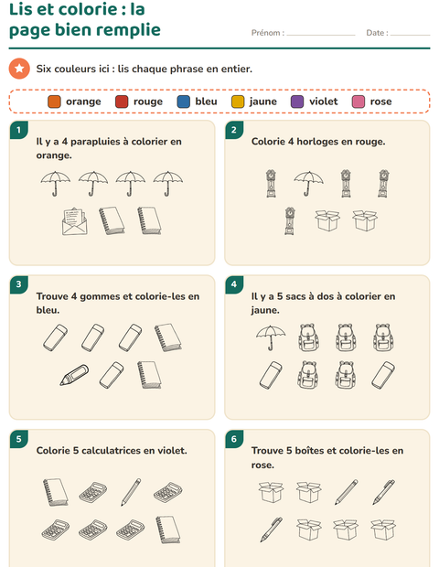 Aperçu de la fiche Lis et colorie avec Éducation NB pour CP (cours préparatoire)