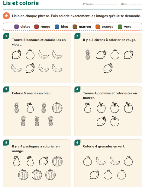 Aperçu de la fiche Lis et colorie avec Fruits NB pour CP (cours préparatoire)