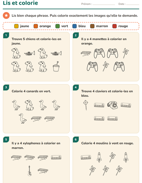 Aperçu de la fiche Lis et colorie avec Jouets NB 2 pour CP (cours préparatoire)