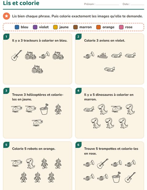 Aperçu de la fiche Lis et colorie avec Jouets NB pour CP (cours préparatoire)