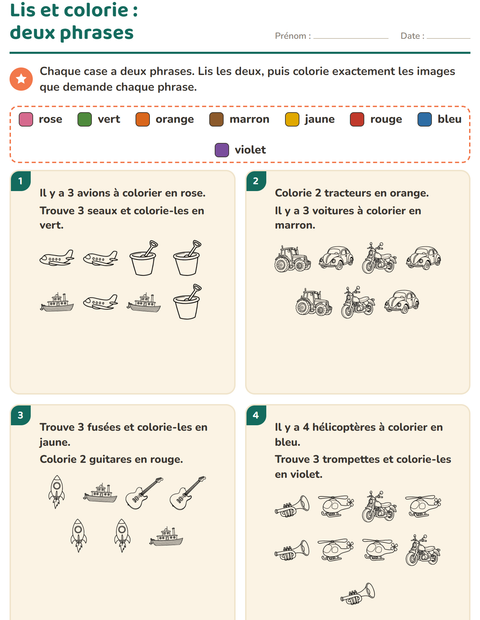 Aperçu de la fiche Lis et colorie avec Jouets NB pour CP (cours préparatoire)