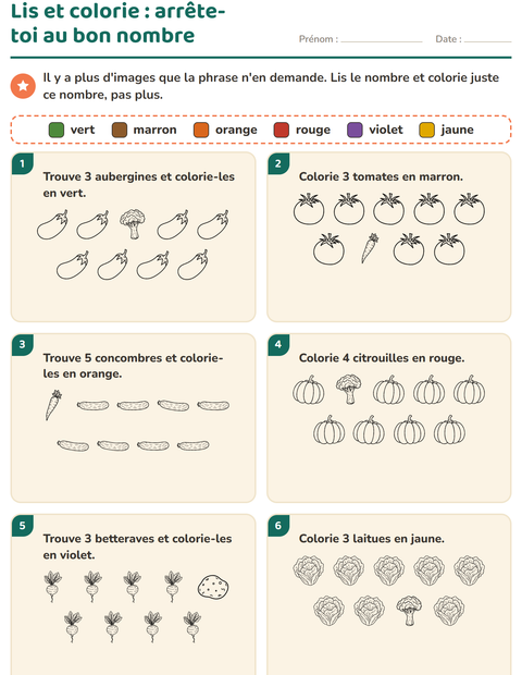 Aperçu de la fiche Lis et colorie avec Légumes NB pour CP (cours préparatoire)