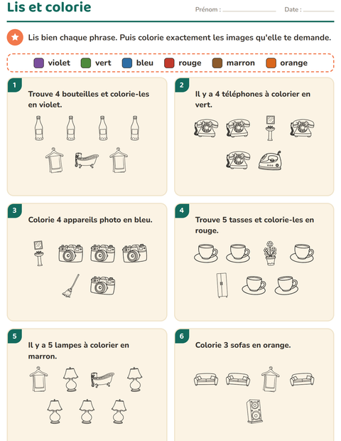 Aperçu de la fiche Lis et colorie avec Ménage NB pour CP (cours préparatoire)