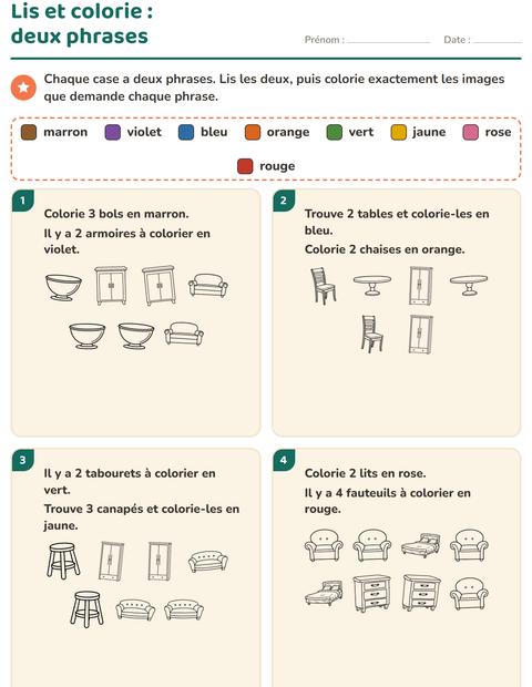 Aperçu de la fiche Lis et colorie avec Meubles NB pour CP (cours préparatoire)
