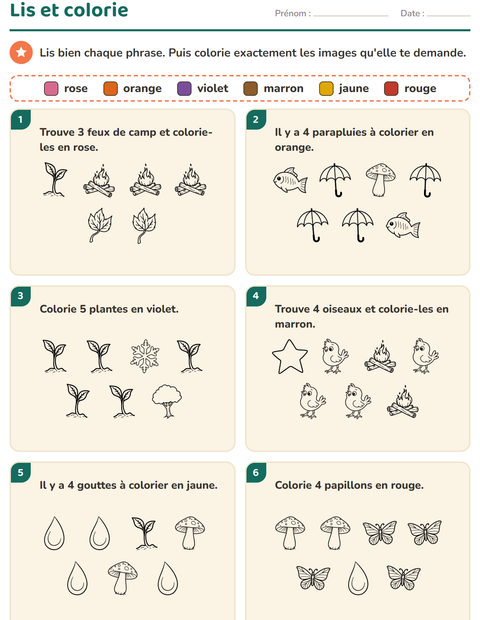 Aperçu de la fiche Lis et colorie avec Nature NB pour CP (cours préparatoire)