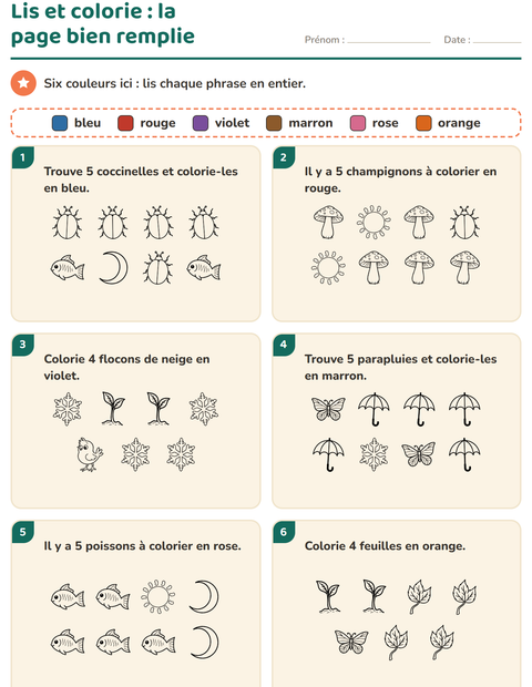 Aperçu de la fiche Lis et colorie avec Nature NB pour CP (cours préparatoire)