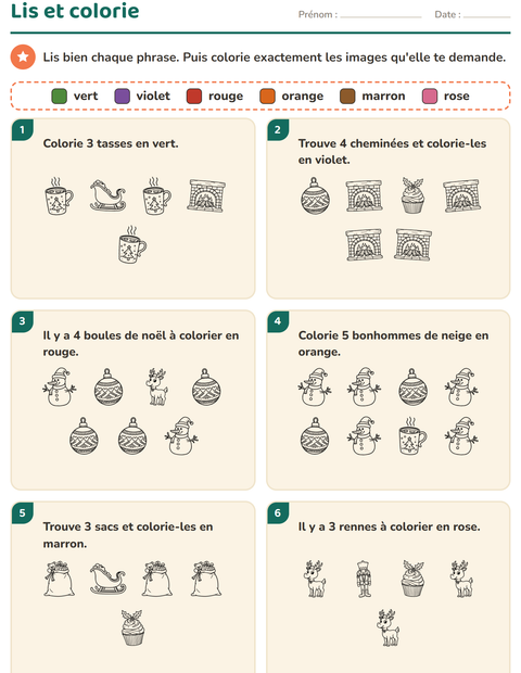 Aperçu de la fiche Lis et colorie avec Noël N&B 2 pour CP (cours préparatoire)