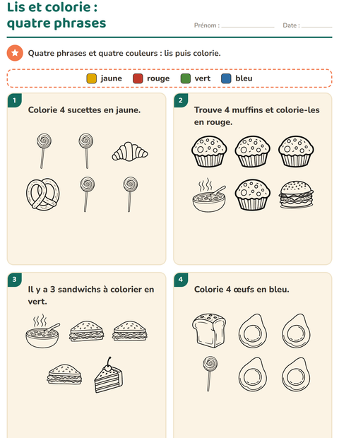 Aperçu de la fiche Lis et colorie avec Nourriture NB 2 pour CP (cours préparatoire)