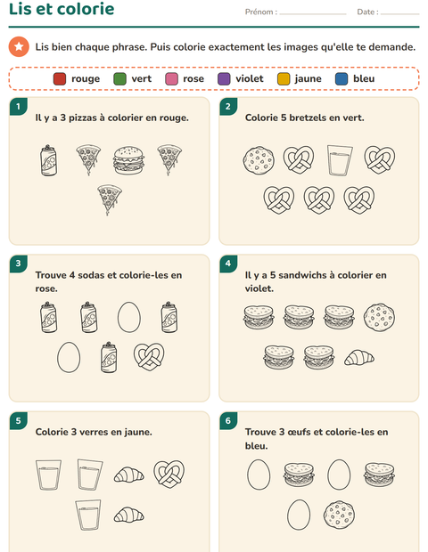 Aperçu de la fiche Lis et colorie avec Nourriture NB 3 pour CP (cours préparatoire)