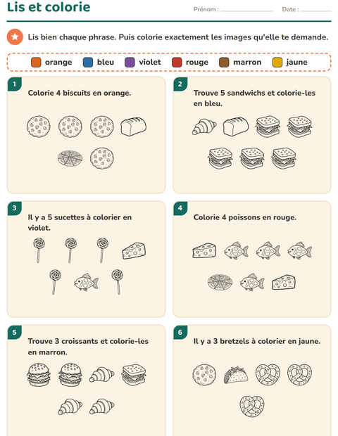 Aperçu de la fiche Lis et colorie avec Nourriture NB pour CP (cours préparatoire)
