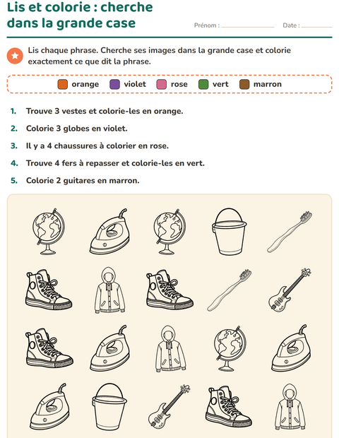 Aperçu de la fiche Lis et colorie avec Objets NB pour CP (cours préparatoire)